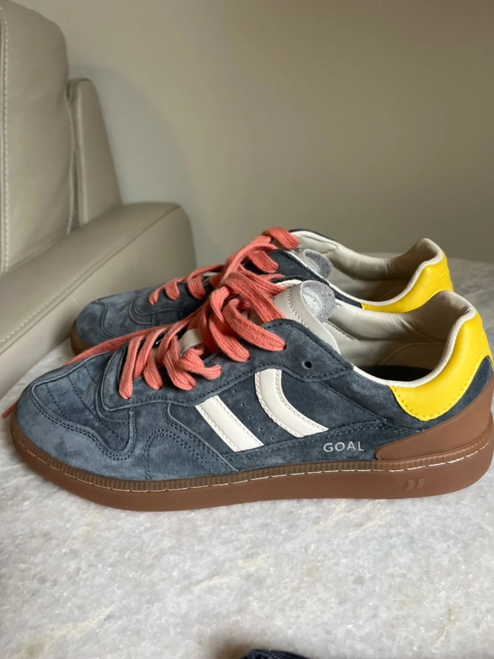 Coolway Gray Suede Sneakers with Coral Laces and Yellow Heel - Picture 6 of 6